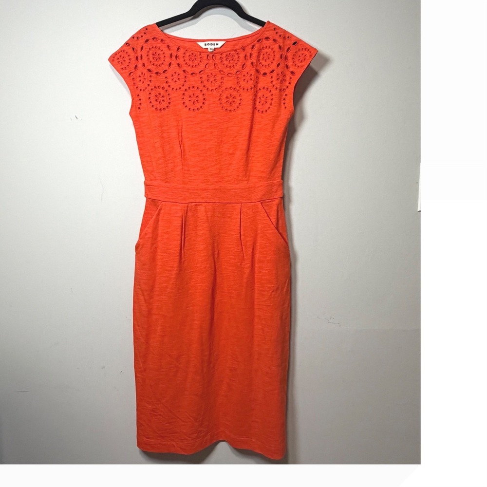 Boden Orange Cotton Eyelet Sheath Pockets Preppy Casual Chic Dress US 4L /UK 8L